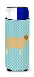 Horned Dorset Sheep Blue Check Slim Can Hugger , Insulated Foam Hugger for 12 oz Slim Cans, Beer Bottles & Water Bottles, Printed in USA