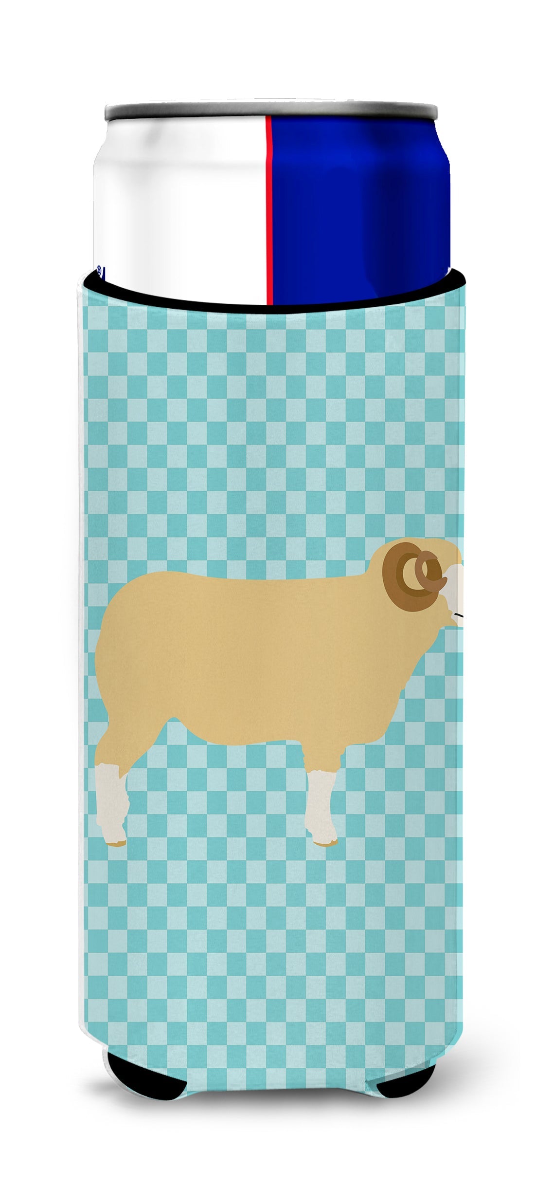 Horned Dorset Sheep Blue Check Slim Can Hugger , Insulated Foam Hugger for 12 oz Slim Cans, Beer Bottles & Water Bottles, Printed in USA