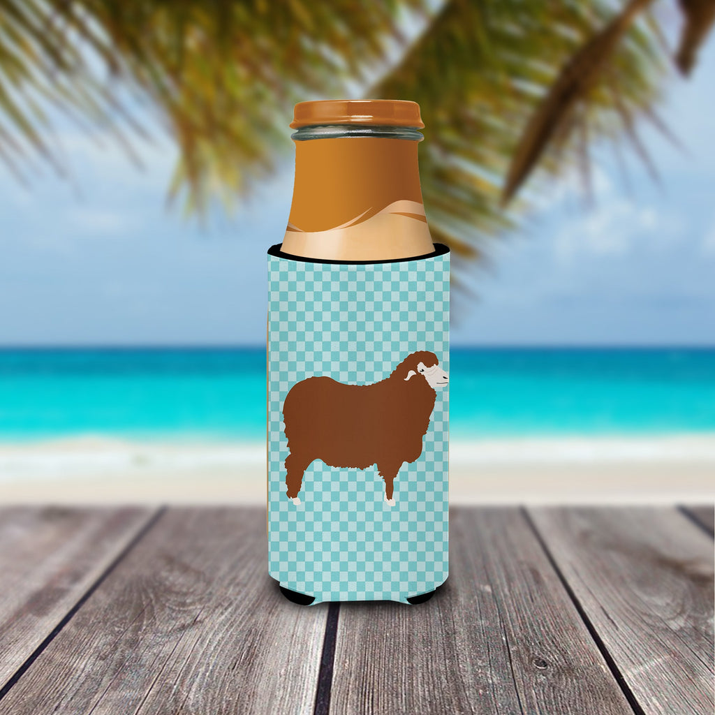 Merino Sheep Blue Check Slim Can Hugger , Insulated Foam Hugger for 12 oz Slim Cans, Beer Bottles & Water Bottles, Printed in USA