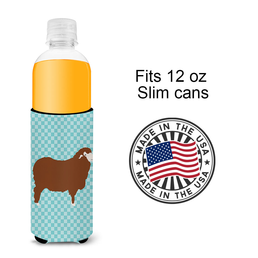Merino Sheep Blue Check Slim Can Hugger , Insulated Foam Hugger for 12 oz Slim Cans, Beer Bottles & Water Bottles, Printed in USA