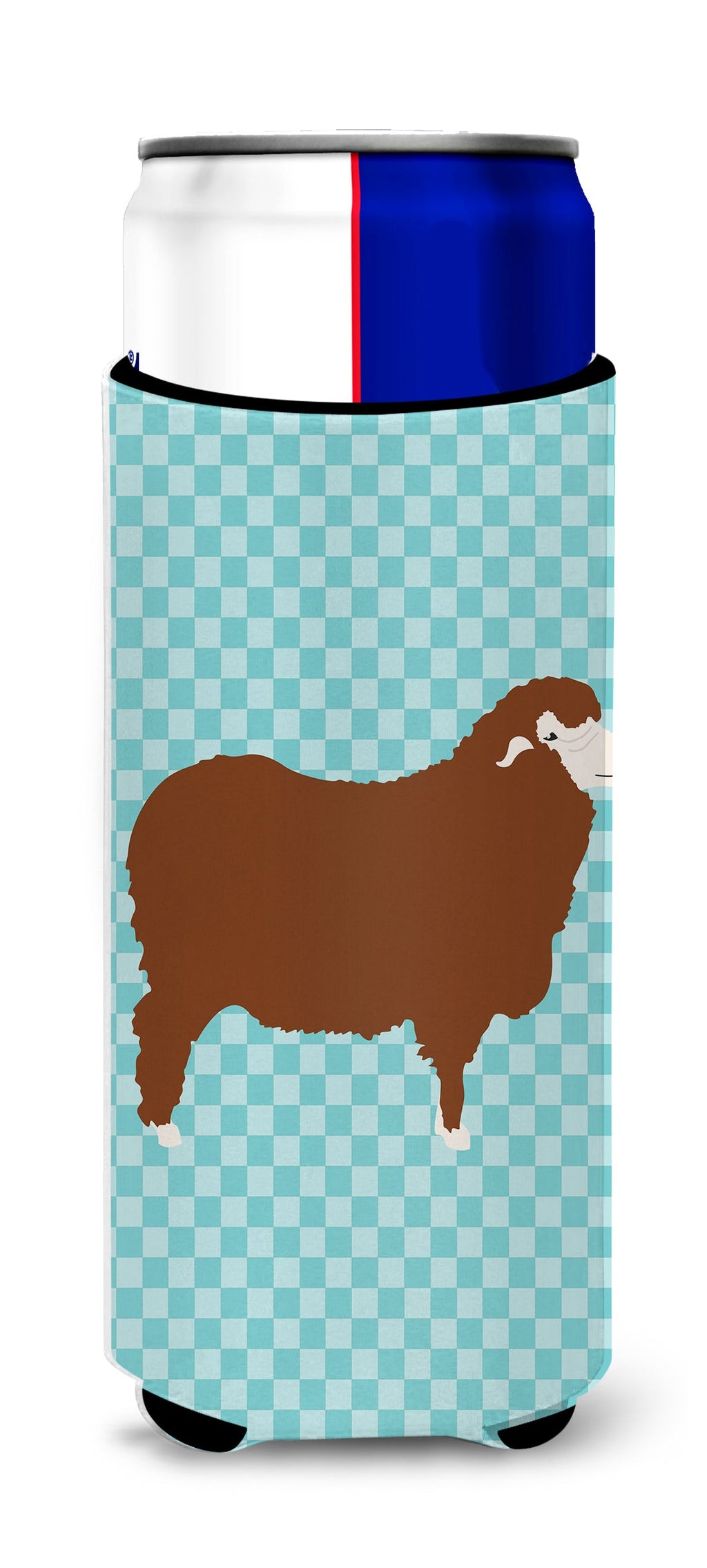 Merino Sheep Blue Check Slim Can Hugger , Insulated Foam Hugger for 12 oz Slim Cans, Beer Bottles & Water Bottles, Printed in USA