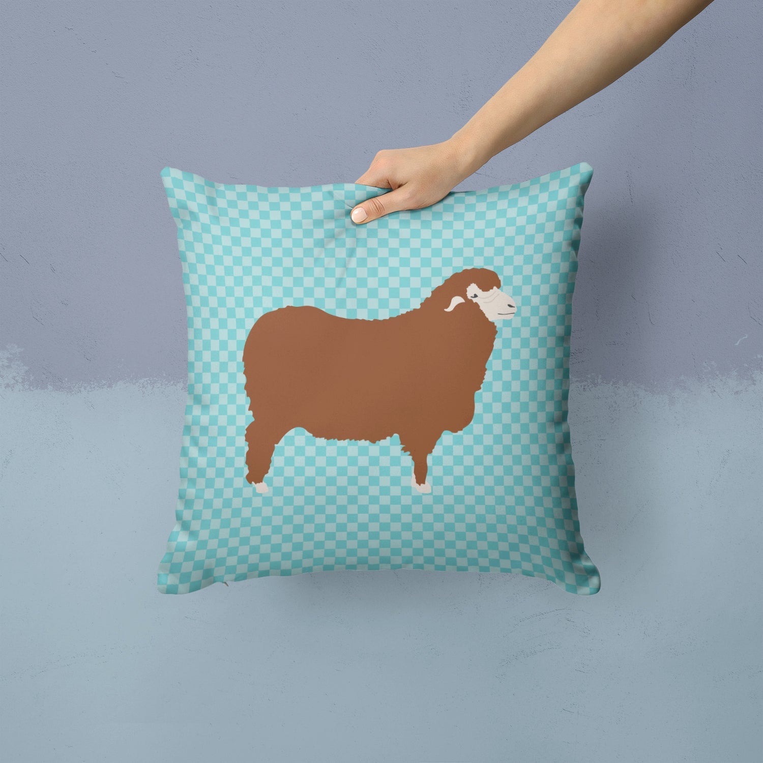 Merino Sheep Blue Check Decorative Throw Pillow 14x14 Indoor Outdoor Accent Cushion, Fabric Cover with Insert for Sofa, Bed, Porch & Living Room