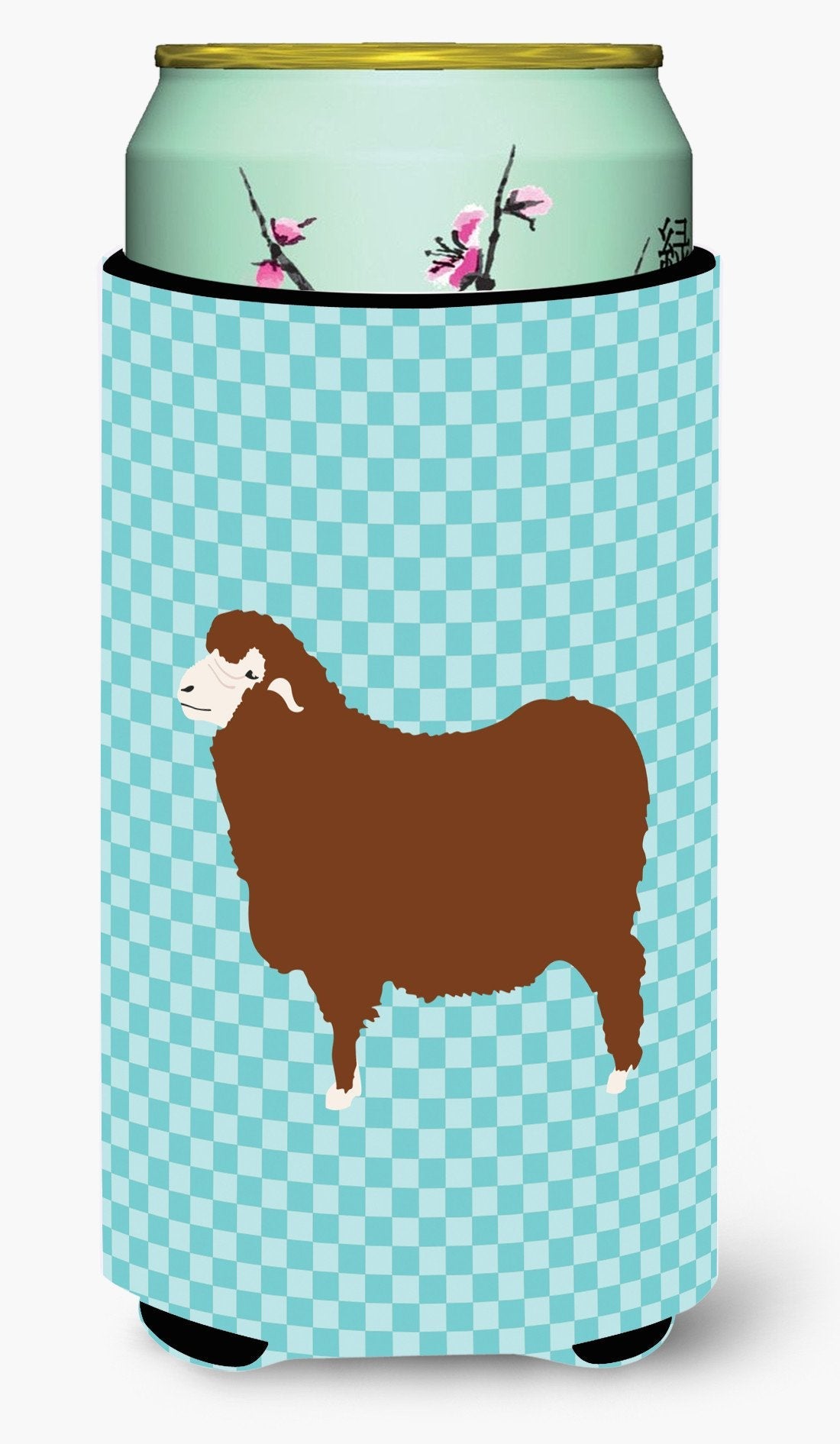 Merino Sheep Blue Check Tall Boy Hugger Can Cooler Sleeve Machine Washable Drink Collapsible Insulator Beverage Insulated Holder