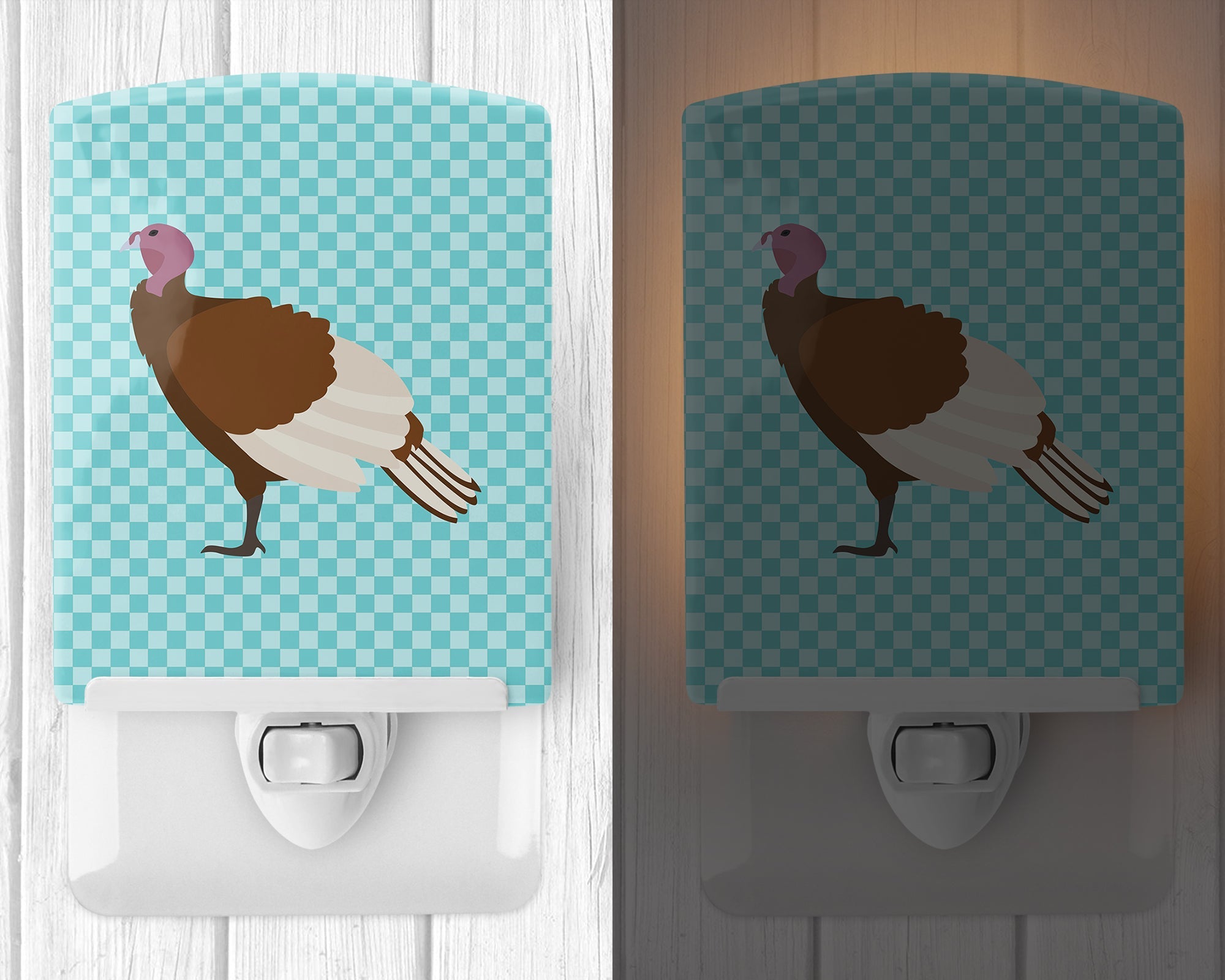 Bourbon Red Turkey Hen Blue Check Ceramic Night Light Compact, UL-Certified, Ideal for Bedroom, Bathroom, Nursery, Hallway, Kitchen, 6x4x3, Multicolor