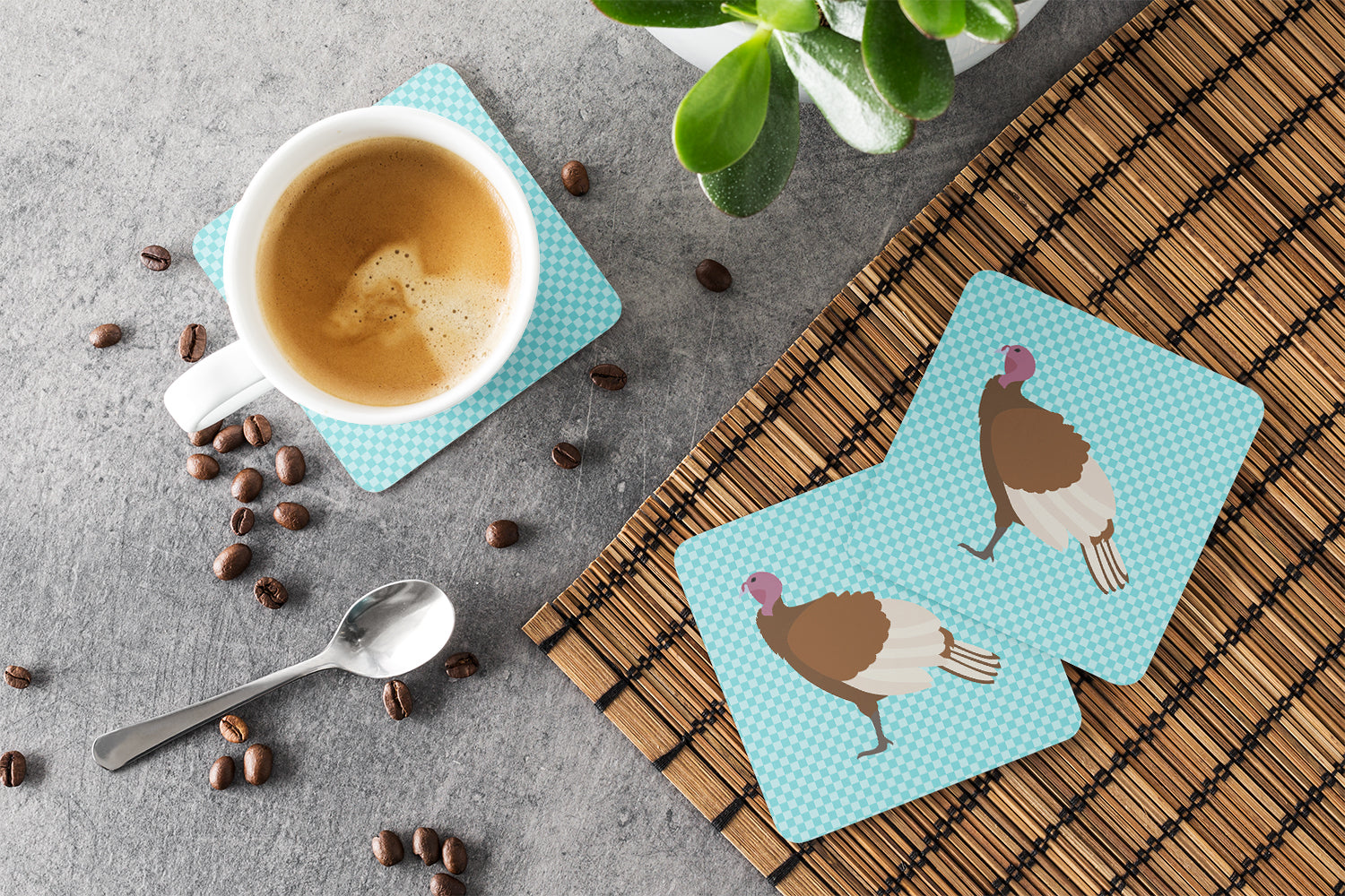 Bourbon Red Turkey Hen Blue Check Foam Coasters Set of 4 Cup Coasters for Indoor Outdoor, Tabletop Protection, Anti Slip, Mouse pad Material
