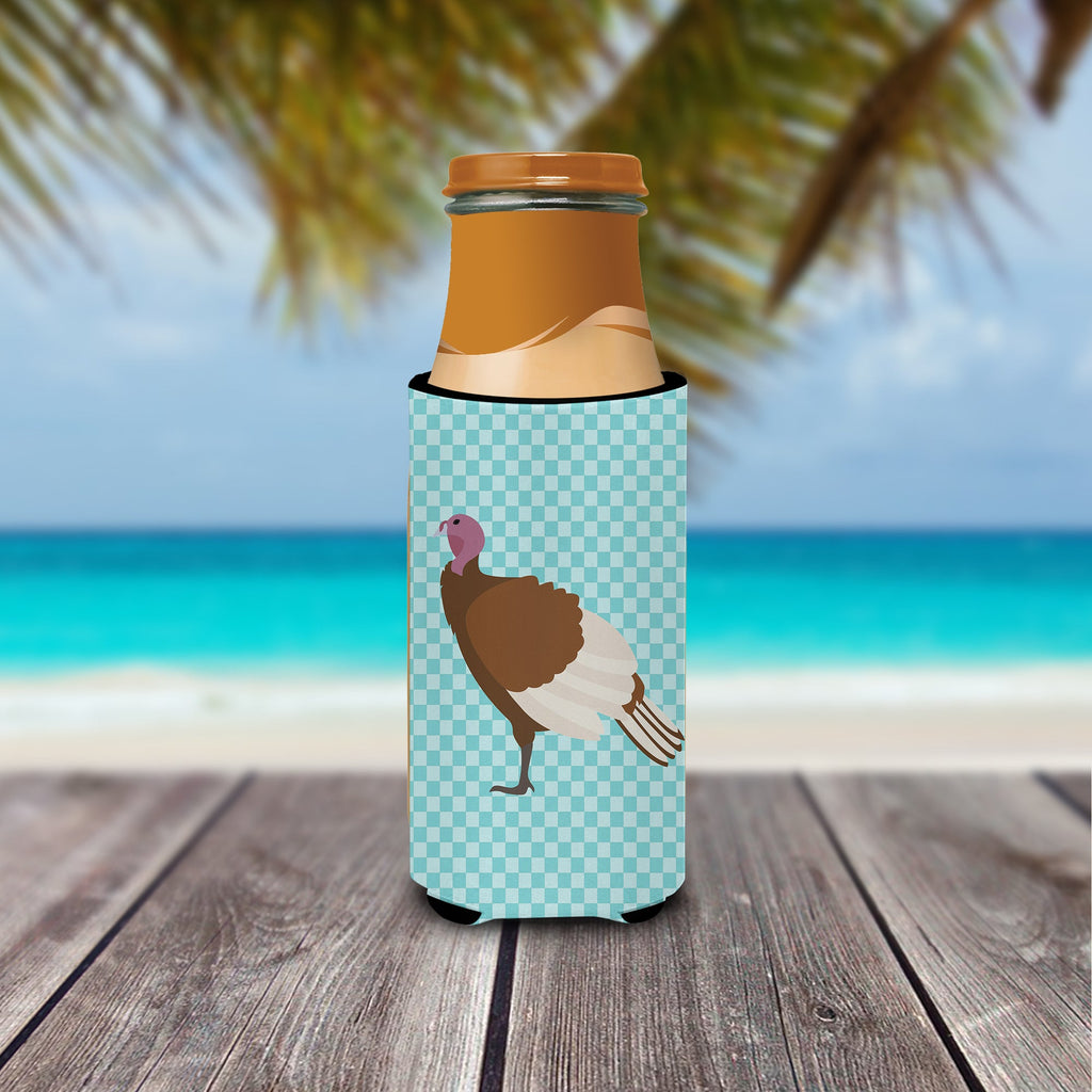 Bourbon Red Turkey Hen Blue Check Slim Can Hugger , Insulated Foam Hugger for 12 oz Slim Cans, Beer Bottles & Water Bottles, Printed in USA