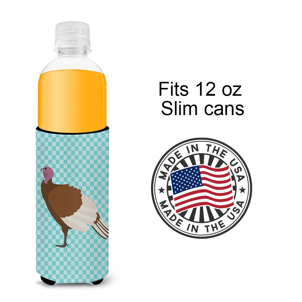 Bourbon Red Turkey Hen Blue Check Slim Can Hugger , Insulated Foam Hugger for 12 oz Slim Cans, Beer Bottles & Water Bottles, Printed in USA