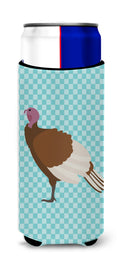 Bourbon Red Turkey Hen Blue Check Slim Can Hugger , Insulated Foam Hugger for 12 oz Slim Cans, Beer Bottles & Water Bottles, Printed in USA