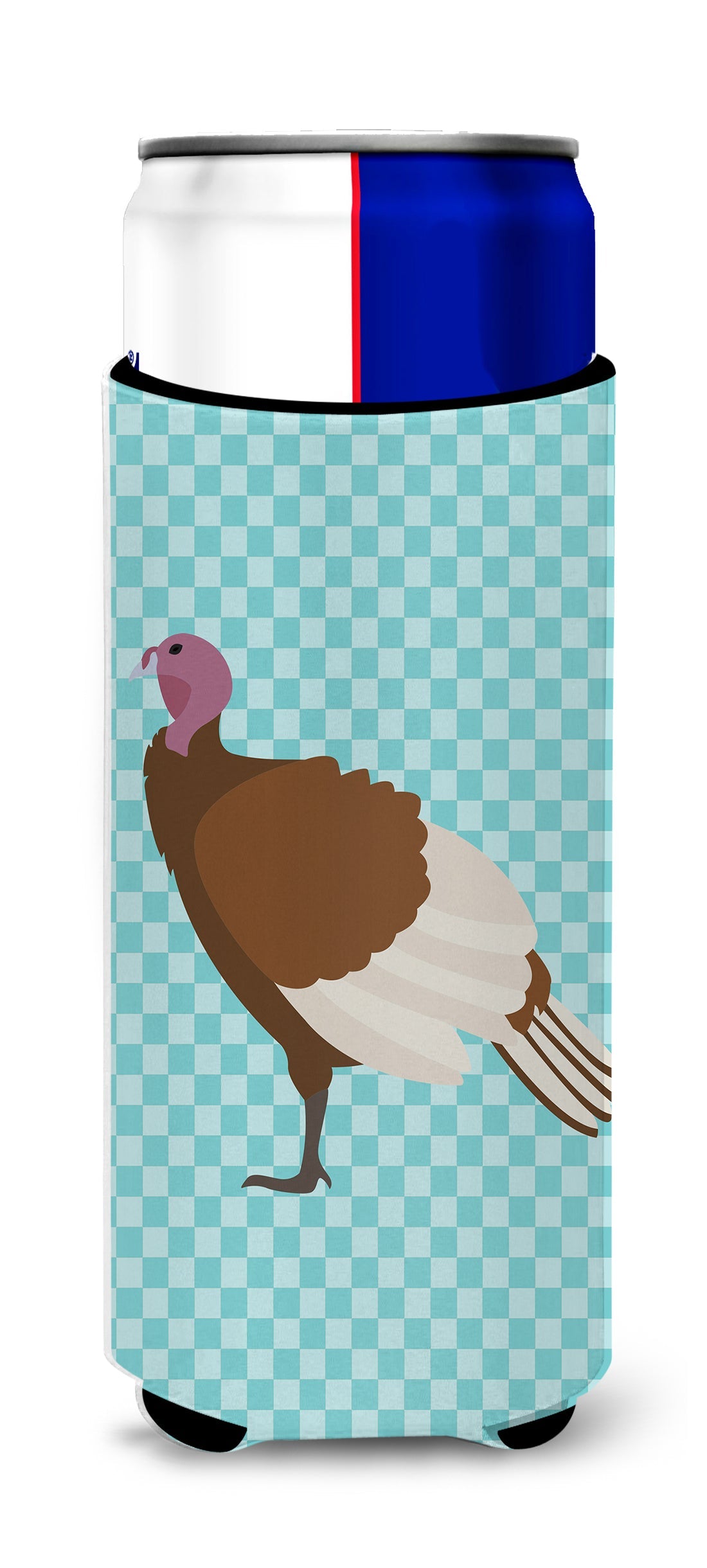 Bourbon Red Turkey Hen Blue Check Slim Can Hugger , Insulated Foam Hugger for 12 oz Slim Cans, Beer Bottles & Water Bottles, Printed in USA