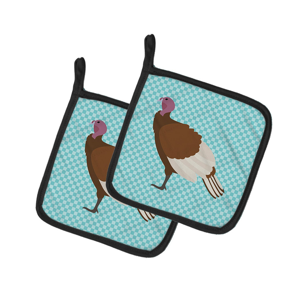 Bourbon Red Turkey Hen Blue Check Pot Holder Set of 2 Heat Resistant Quilted Hot Pads 7.5 x 7.5 Inch, Insulated Kitchen Trivets for Cooking & Baking