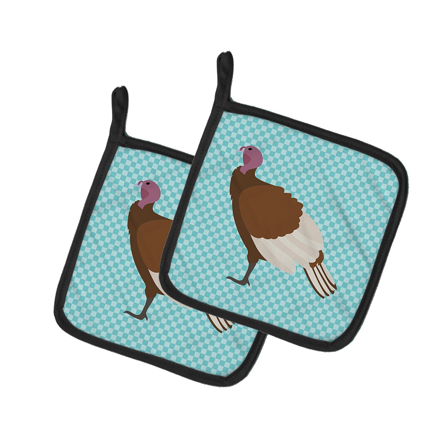 Bourbon Red Turkey Hen Blue Check Pot Holder Set of 2 Heat Resistant Quilted Hot Pads 7.5 x 7.5 Inch, Insulated Kitchen Trivets for Cooking & Baking