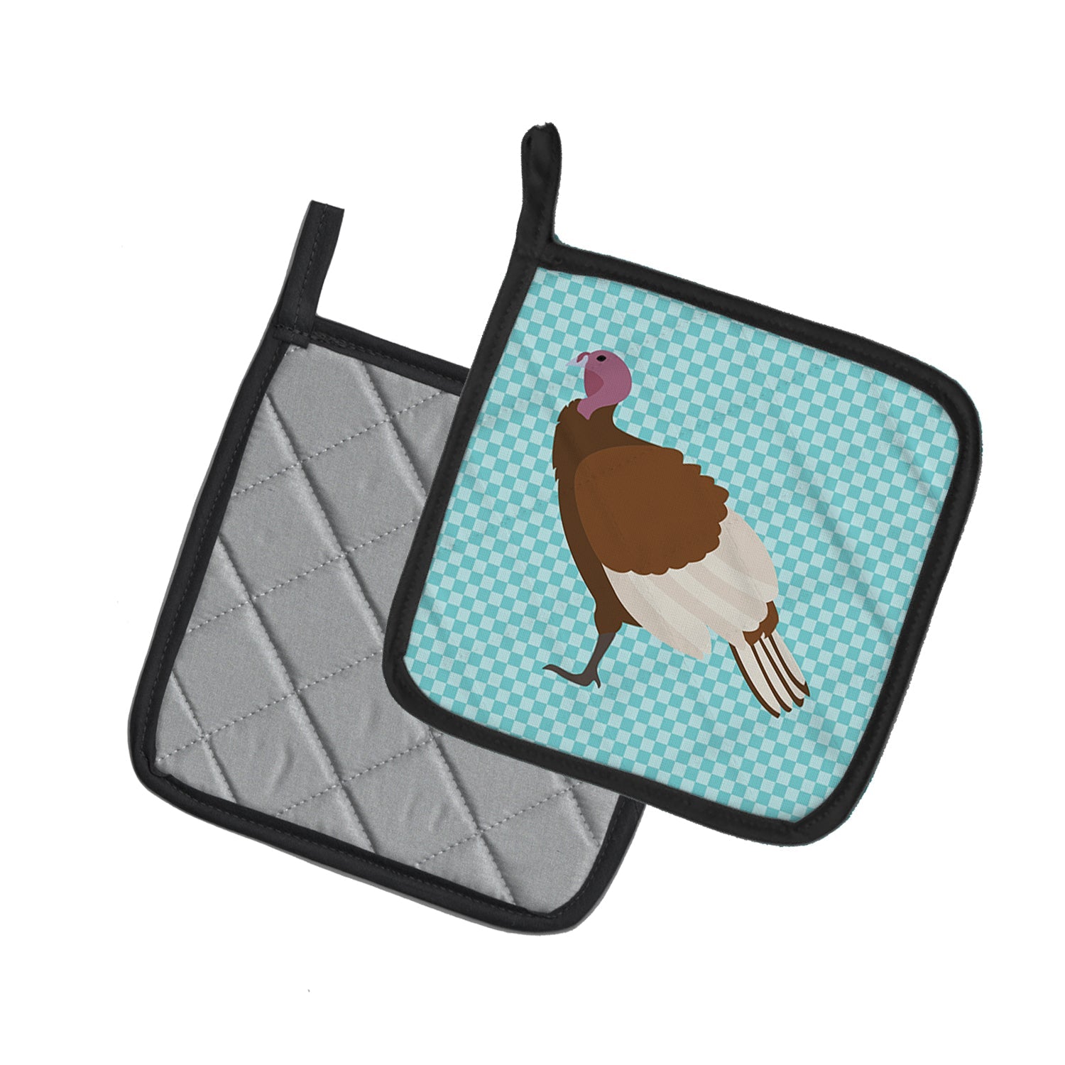 Bourbon Red Turkey Hen Blue Check Pot Holder Set of 2 Heat Resistant Quilted Hot Pads 7.5 x 7.5 Inch, Insulated Kitchen Trivets for Cooking & Baking