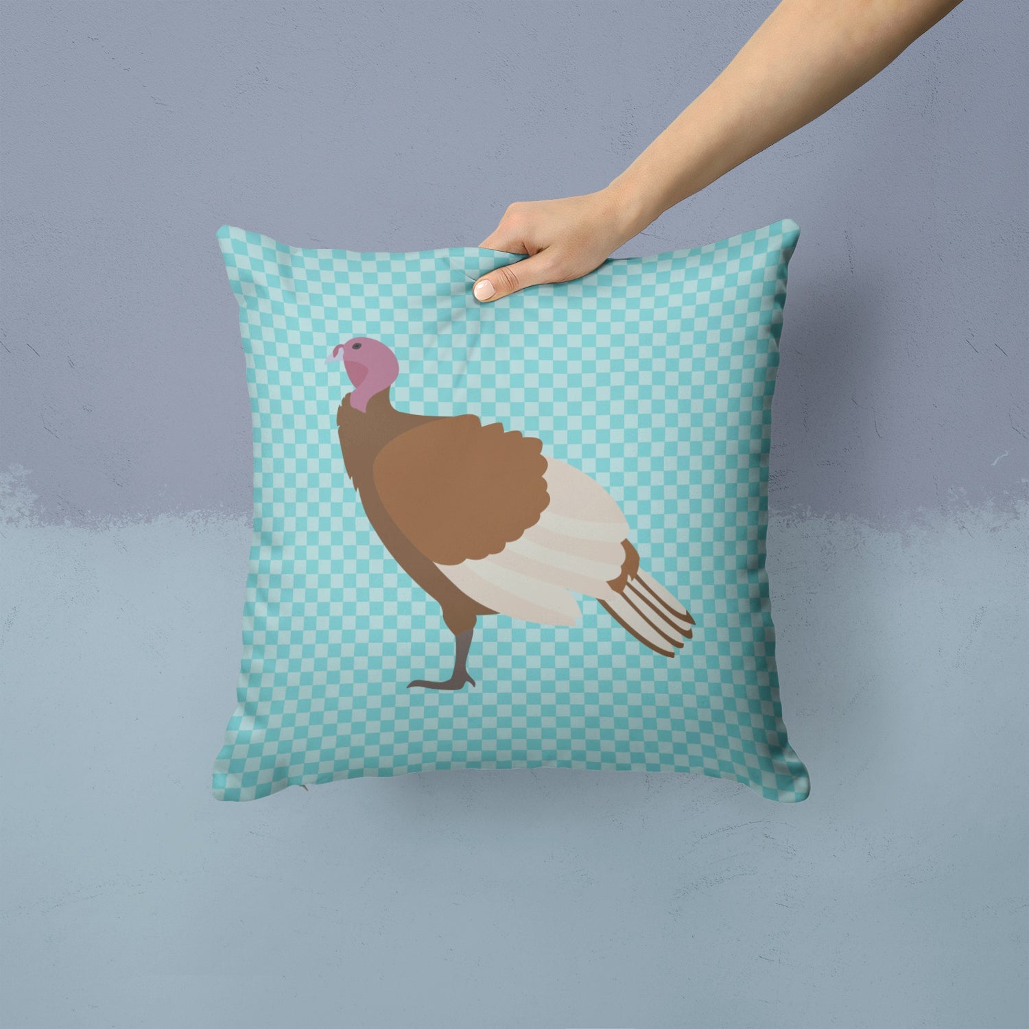 Bourbon Red Turkey Hen Blue Check Decorative Throw Pillow 14x14 Indoor Outdoor Accent Cushion, Fabric Cover with Insert for Sofa, Bed, Porch & Living Room