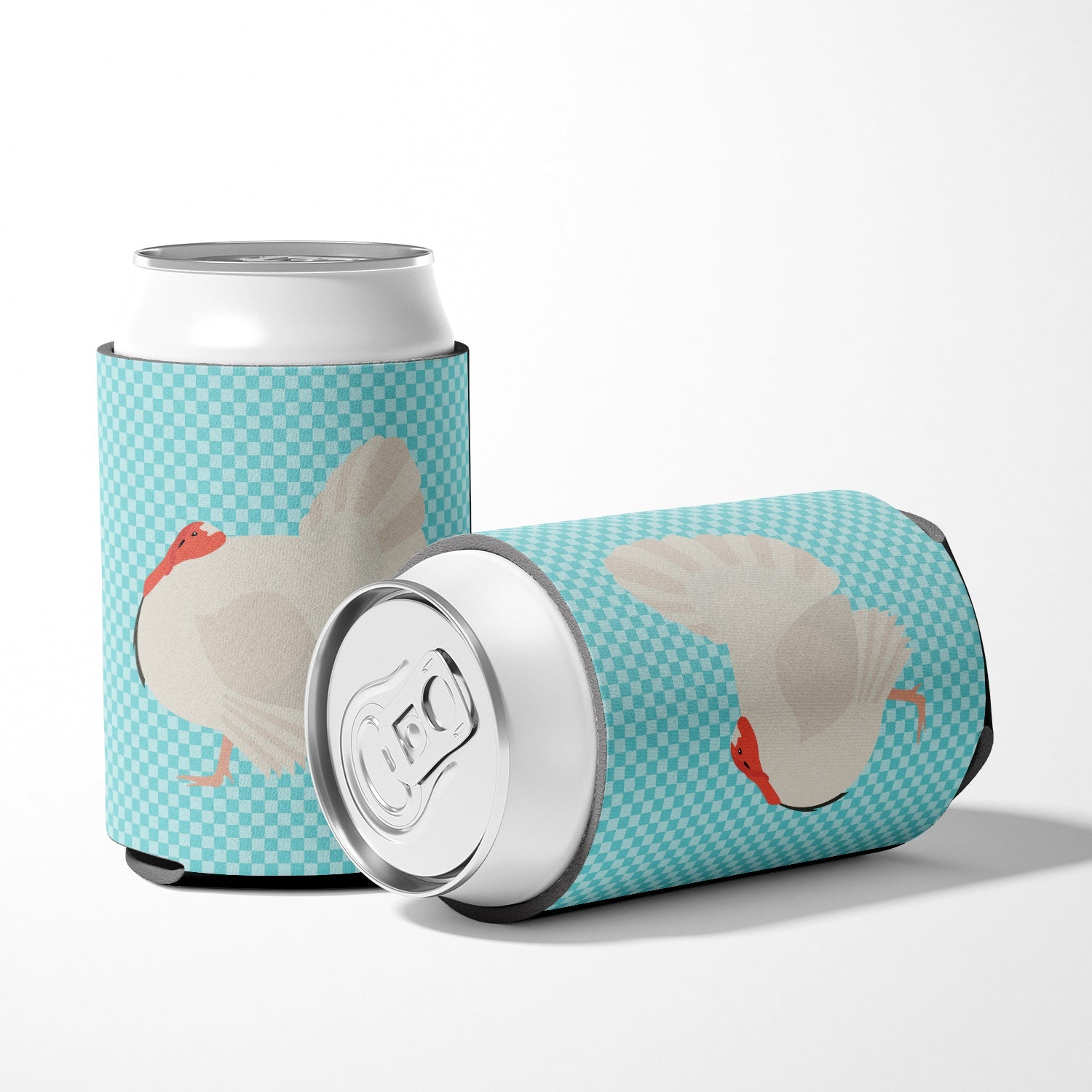 White Holland Turkey Blue Check Can or Bottle Hugger Cooler Sleeve for Standard 12 oz Cans, Insulated Foam Beer & Soda Can Hugger Reusable