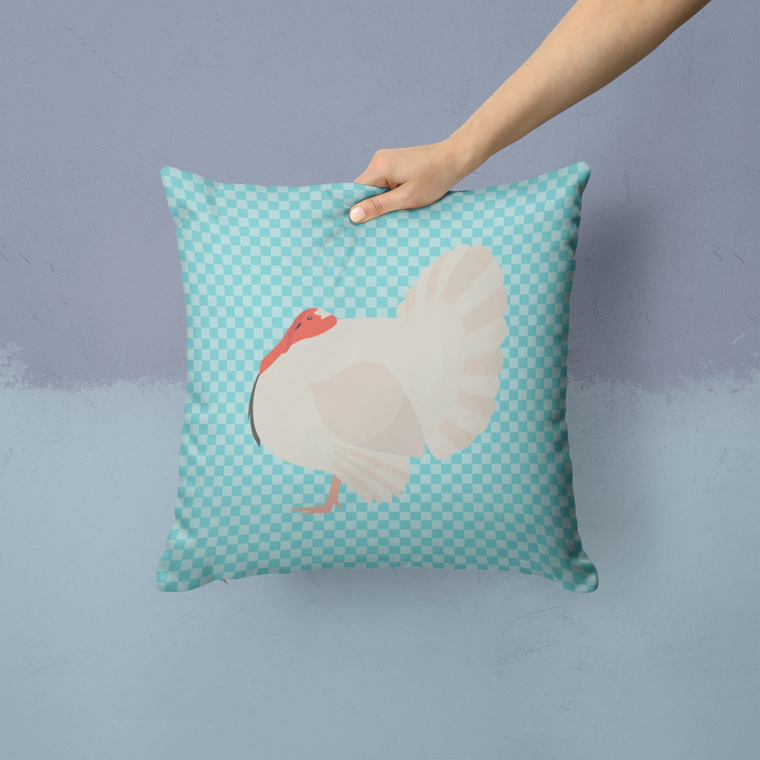 White Holland Turkey Blue Check Decorative Throw Pillow 14x14 Indoor Outdoor Accent Cushion, Fabric Cover with Insert for Sofa, Bed, Porch & Living Room