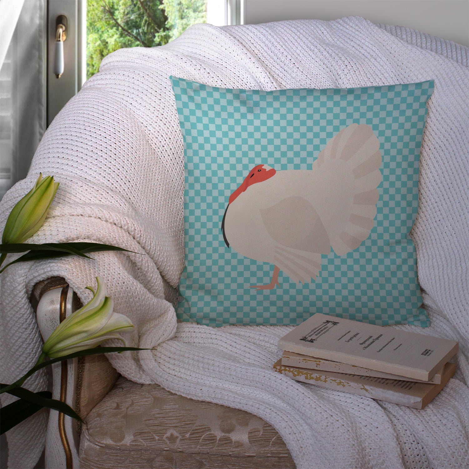 White Holland Turkey Blue Check Decorative Throw Pillow 14x14 Indoor Outdoor Accent Cushion, Fabric Cover with Insert for Sofa, Bed, Porch & Living Room