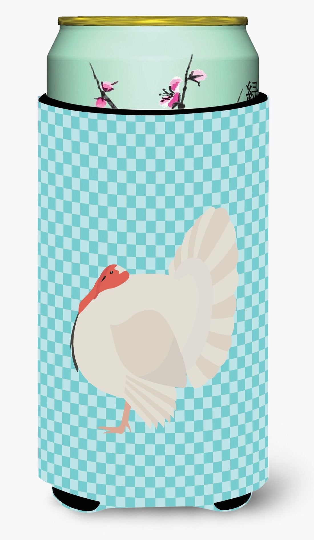 White Holland Turkey Blue Check Tall Boy Hugger Can Cooler Sleeve Machine Washable Drink Collapsible Insulator Beverage Insulated Holder