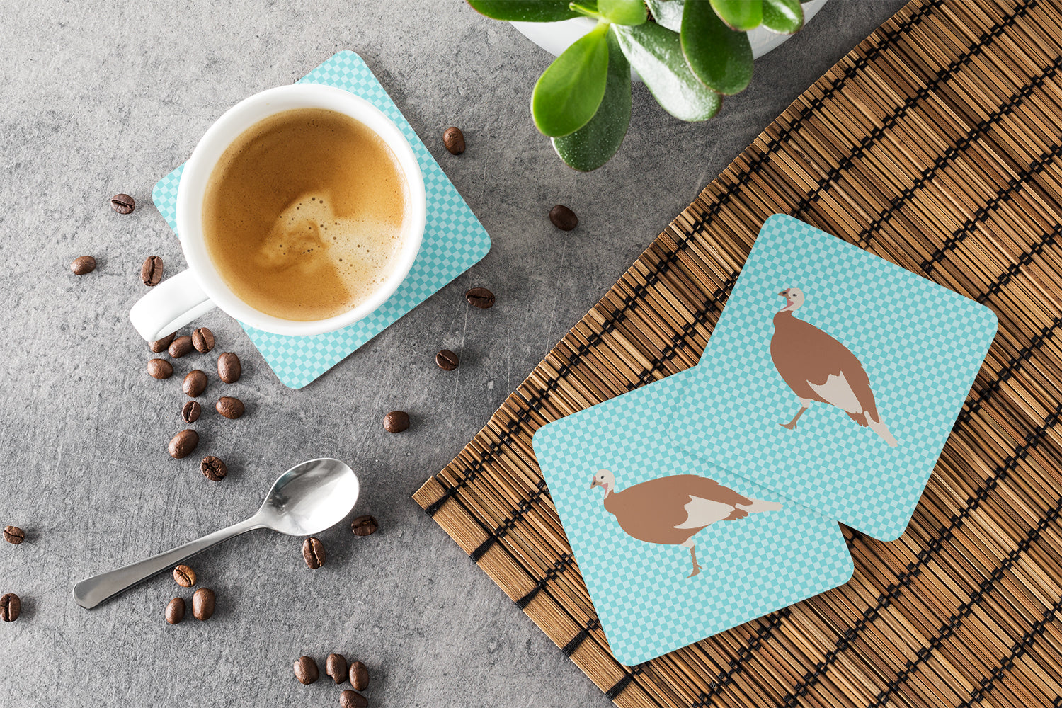 Jersey Buff Turkey Hen Blue Check Foam Coasters Set of 4 Cup Coasters for Indoor Outdoor, Tabletop Protection, Anti Slip, Mouse pad Material