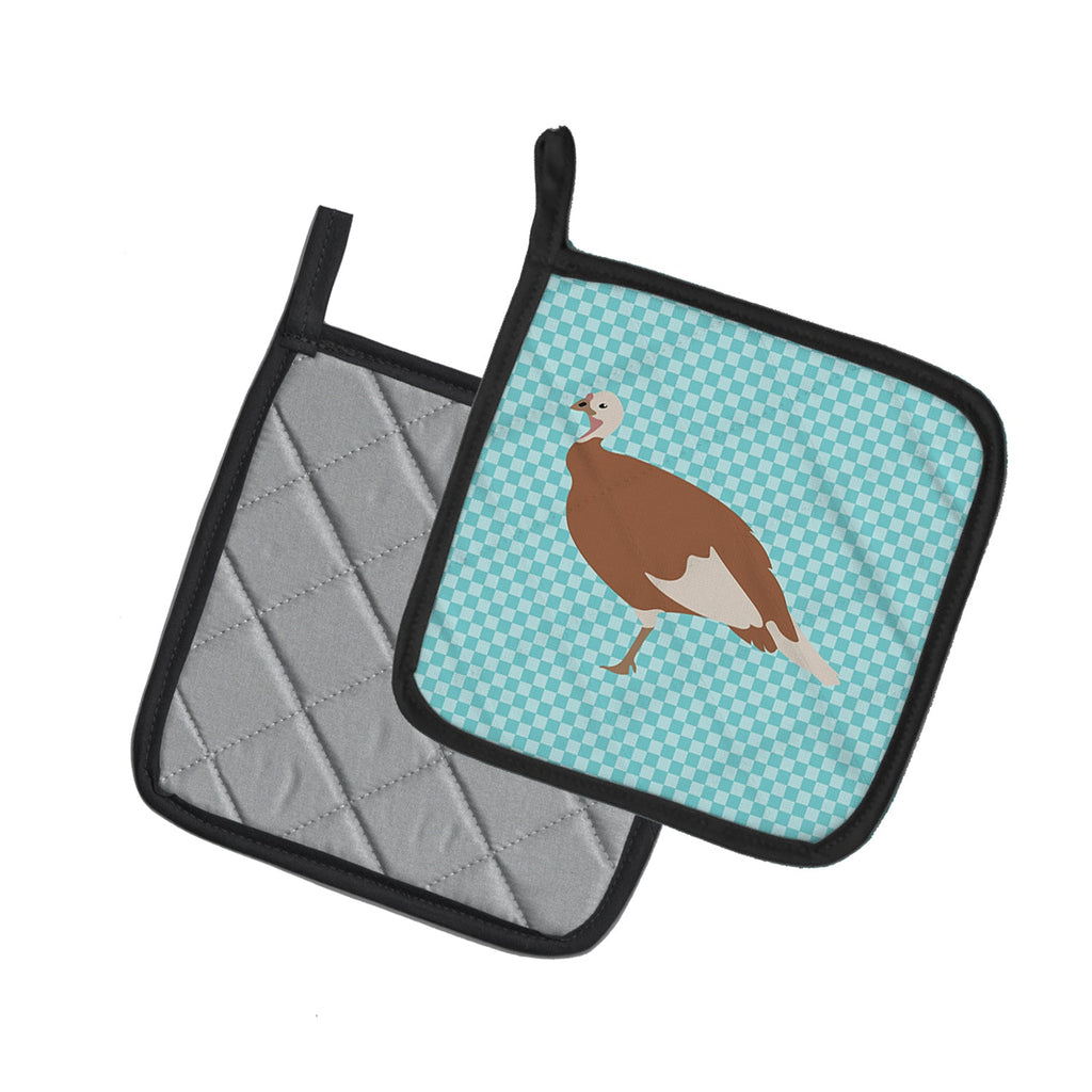 Jersey Buff Turkey Hen Blue Check Pot Holder Set of 2 Heat Resistant Quilted Hot Pads 7.5 x 7.5 Inch, Insulated Kitchen Trivets for Cooking & Baking