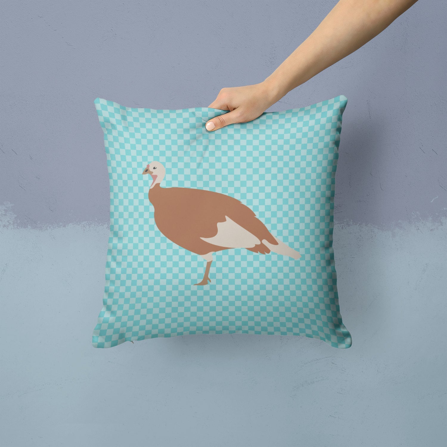 Jersey Buff Turkey Hen Blue Check Decorative Throw Pillow 14x14 Indoor Outdoor Accent Cushion, Fabric Cover with Insert for Sofa, Bed, Porch & Living Room