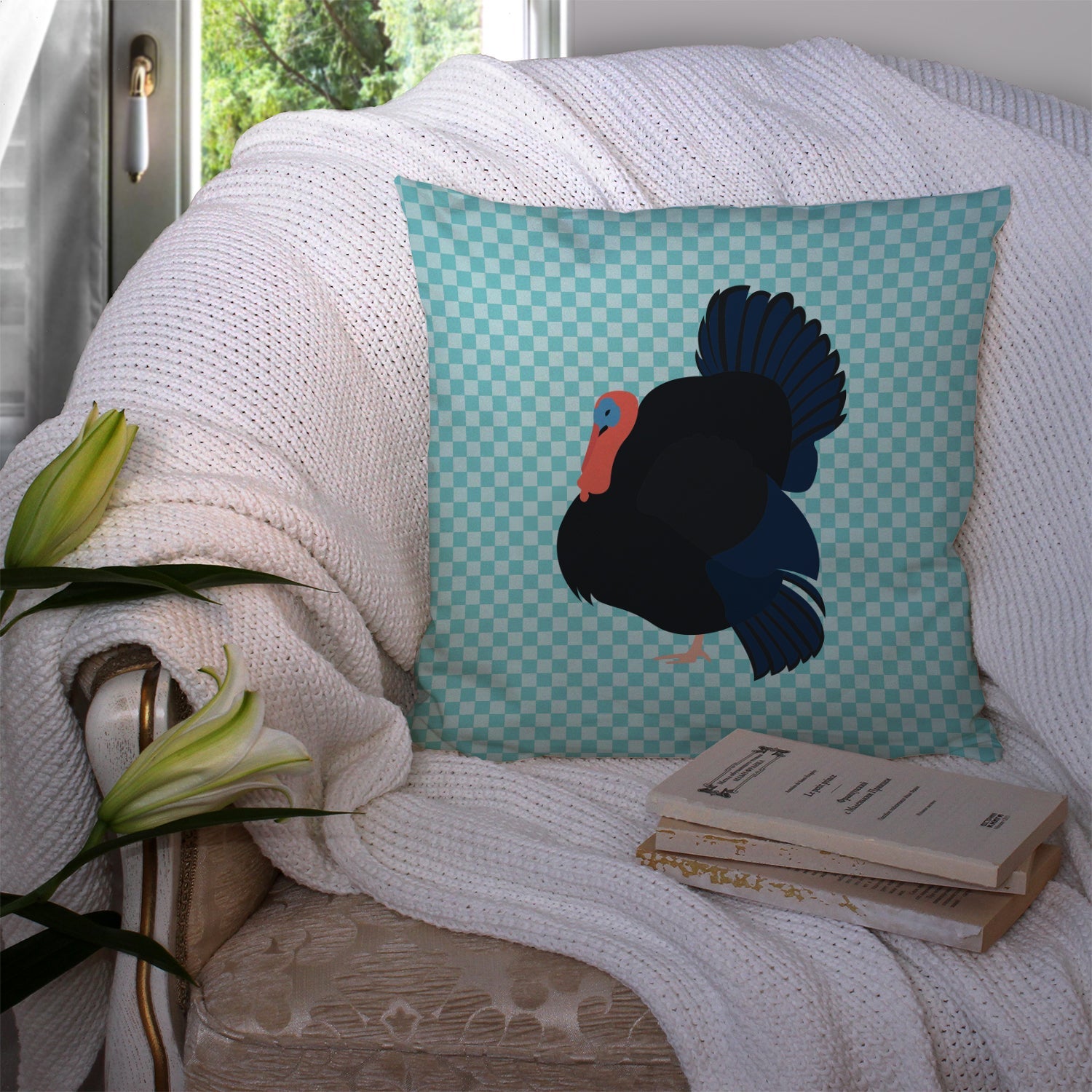Norfolk Black Turkey Blue Check Decorative Throw Pillow 14x14 Indoor Outdoor Accent Cushion, Fabric Cover with Insert for Sofa, Bed, Porch & Living Room