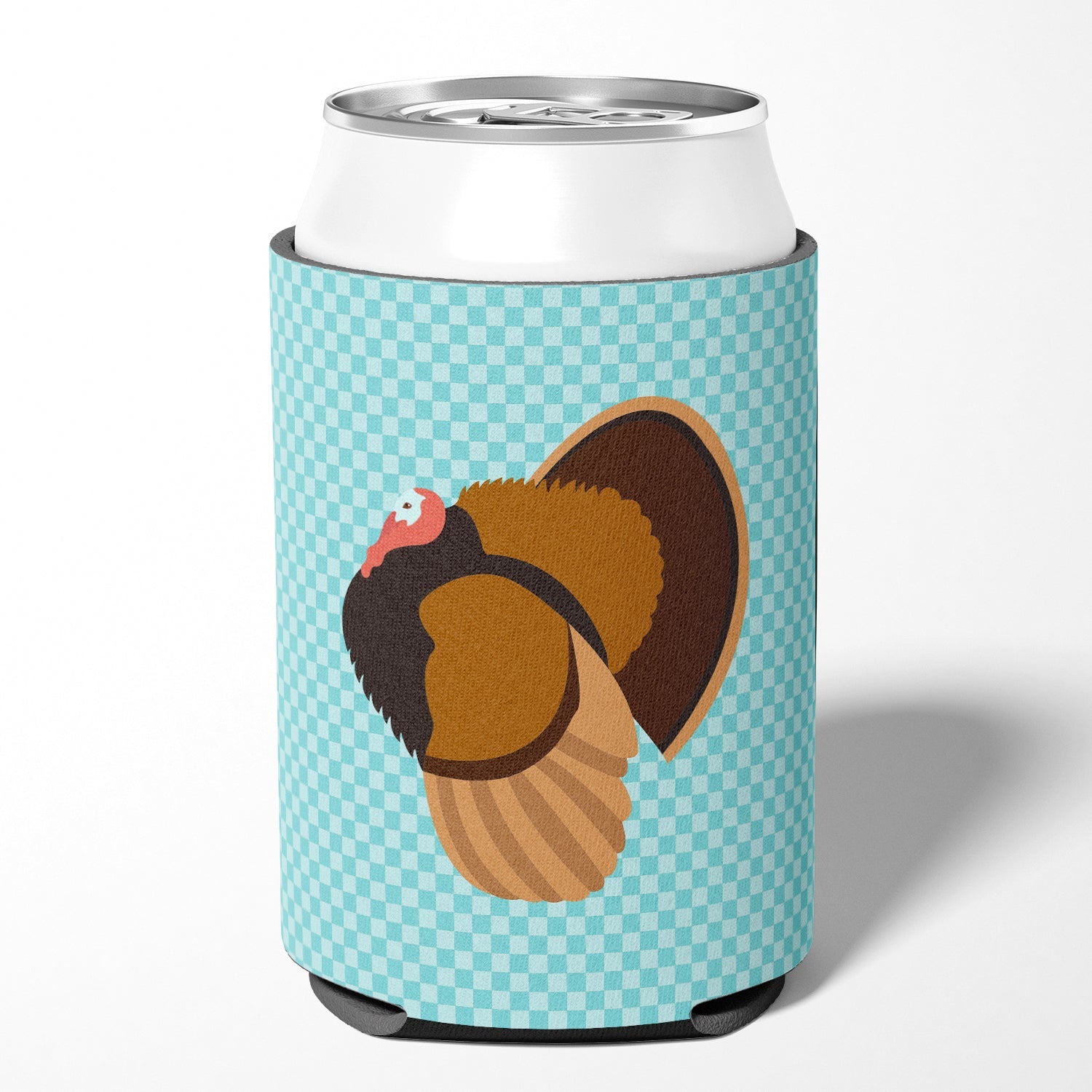 Bronze Turkey Blue Check Can or Bottle Hugger Cooler Sleeve for Standard 12 oz Cans, Insulated Foam Beer & Soda Can Hugger Reusable
