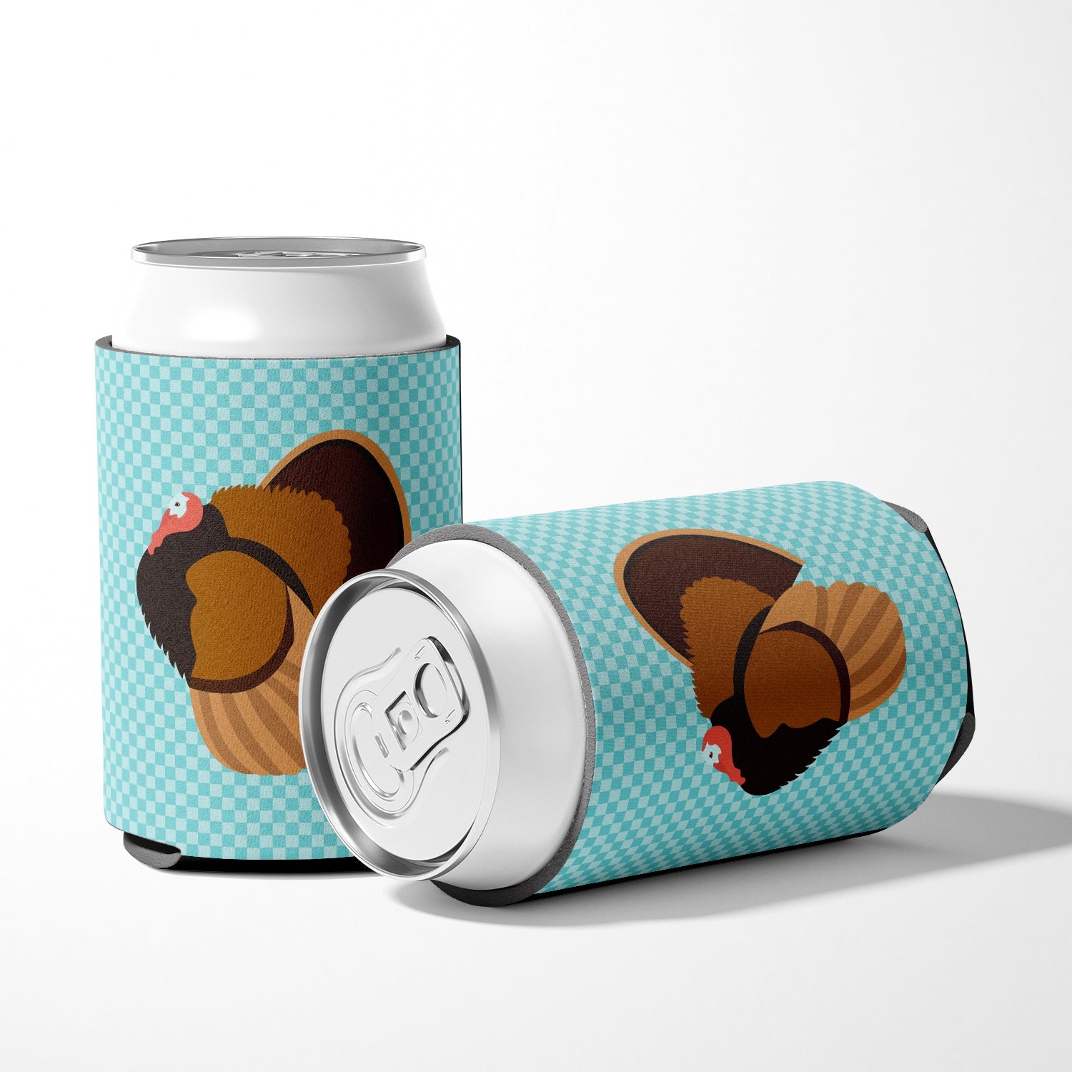 Bronze Turkey Blue Check Can or Bottle Hugger Cooler Sleeve for Standard 12 oz Cans, Insulated Foam Beer & Soda Can Hugger Reusable