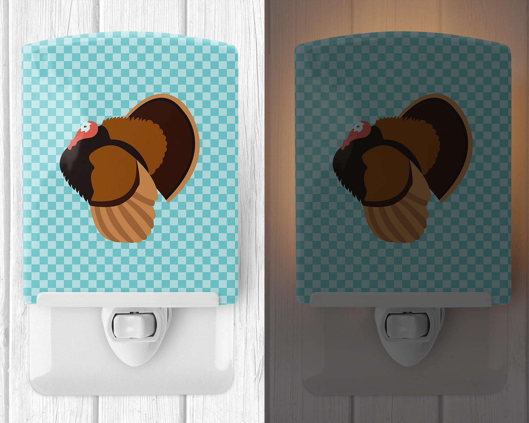 Bronze Turkey Blue Check Ceramic Night Light Compact, UL-Certified, Ideal for Bedroom, Bathroom, Nursery, Hallway, Kitchen, 6x4x3, Multicolor