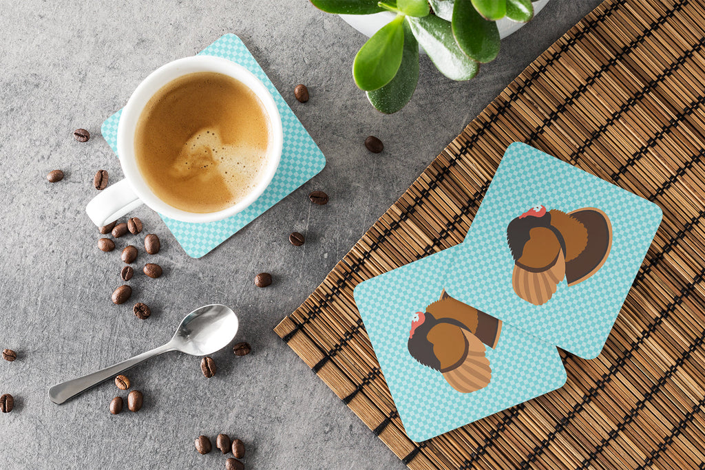 Bronze Turkey Blue Check Foam Coasters Set of 4 Cup Coasters for Indoor Outdoor, Tabletop Protection, Anti Slip, Mouse pad Material