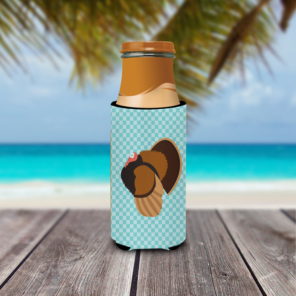 Bronze Turkey Blue Check Slim Can Hugger , Insulated Foam Hugger for 12 oz Slim Cans, Beer Bottles & Water Bottles, Printed in USA