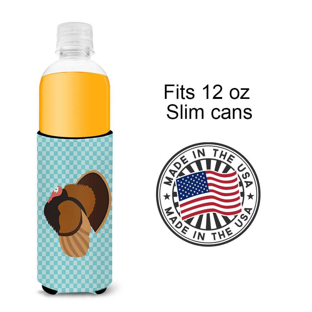 Bronze Turkey Blue Check Slim Can Hugger , Insulated Foam Hugger for 12 oz Slim Cans, Beer Bottles & Water Bottles, Printed in USA