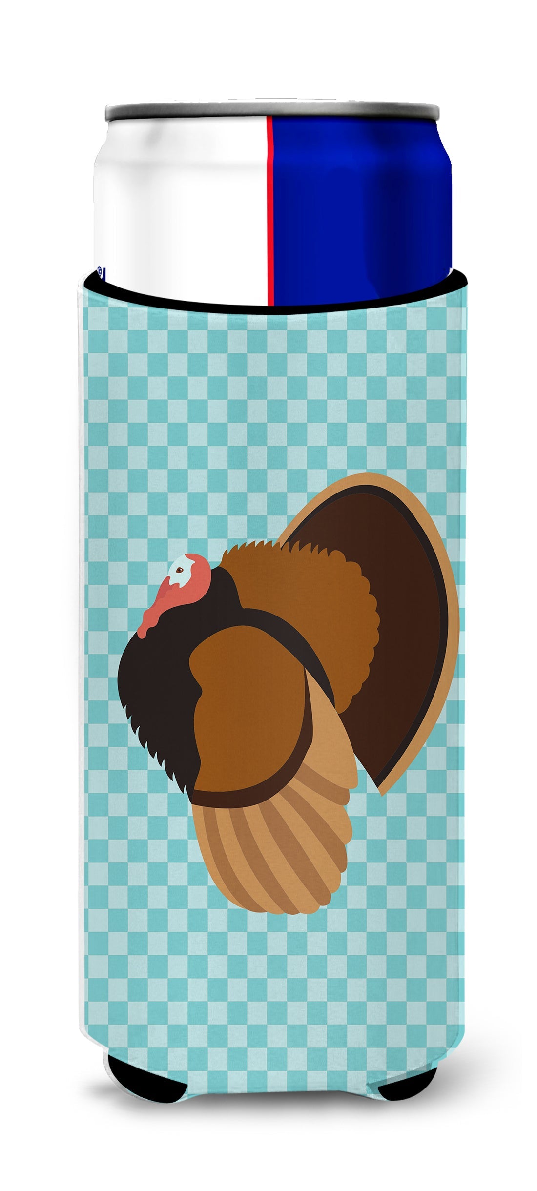 Bronze Turkey Blue Check Slim Can Hugger , Insulated Foam Hugger for 12 oz Slim Cans, Beer Bottles & Water Bottles, Printed in USA