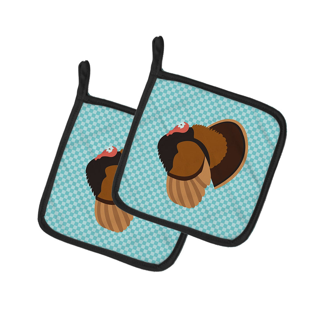 Bronze Turkey Blue Check Pot Holder Set of 2 Heat Resistant Quilted Hot Pads 7.5 x 7.5 Inch, Insulated Kitchen Trivets for Cooking & Baking