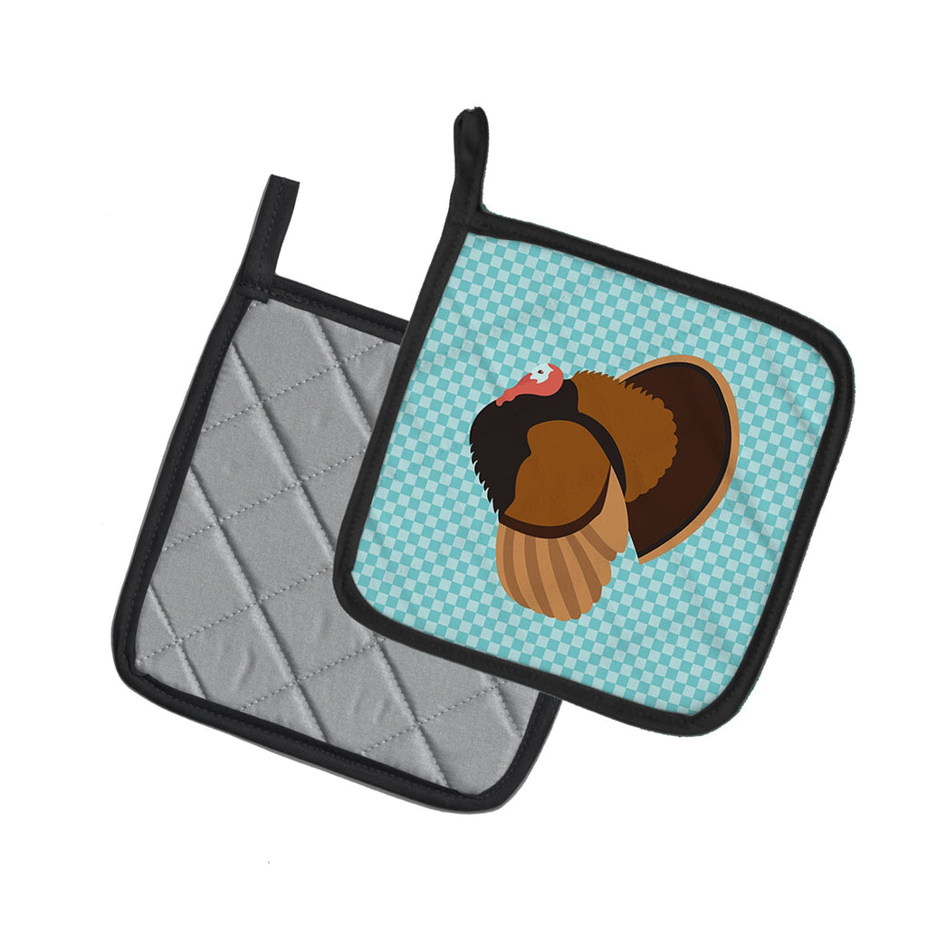 Bronze Turkey Blue Check Pot Holder Set of 2 Heat Resistant Quilted Hot Pads 7.5 x 7.5 Inch, Insulated Kitchen Trivets for Cooking & Baking