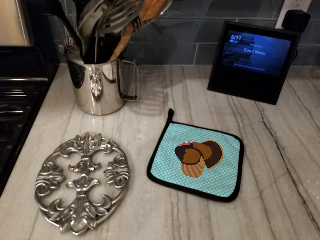 Bronze Turkey Blue Check Pot Holder Set of 2 Heat Resistant Quilted Hot Pads 7.5 x 7.5 Inch, Insulated Kitchen Trivets for Cooking & Baking