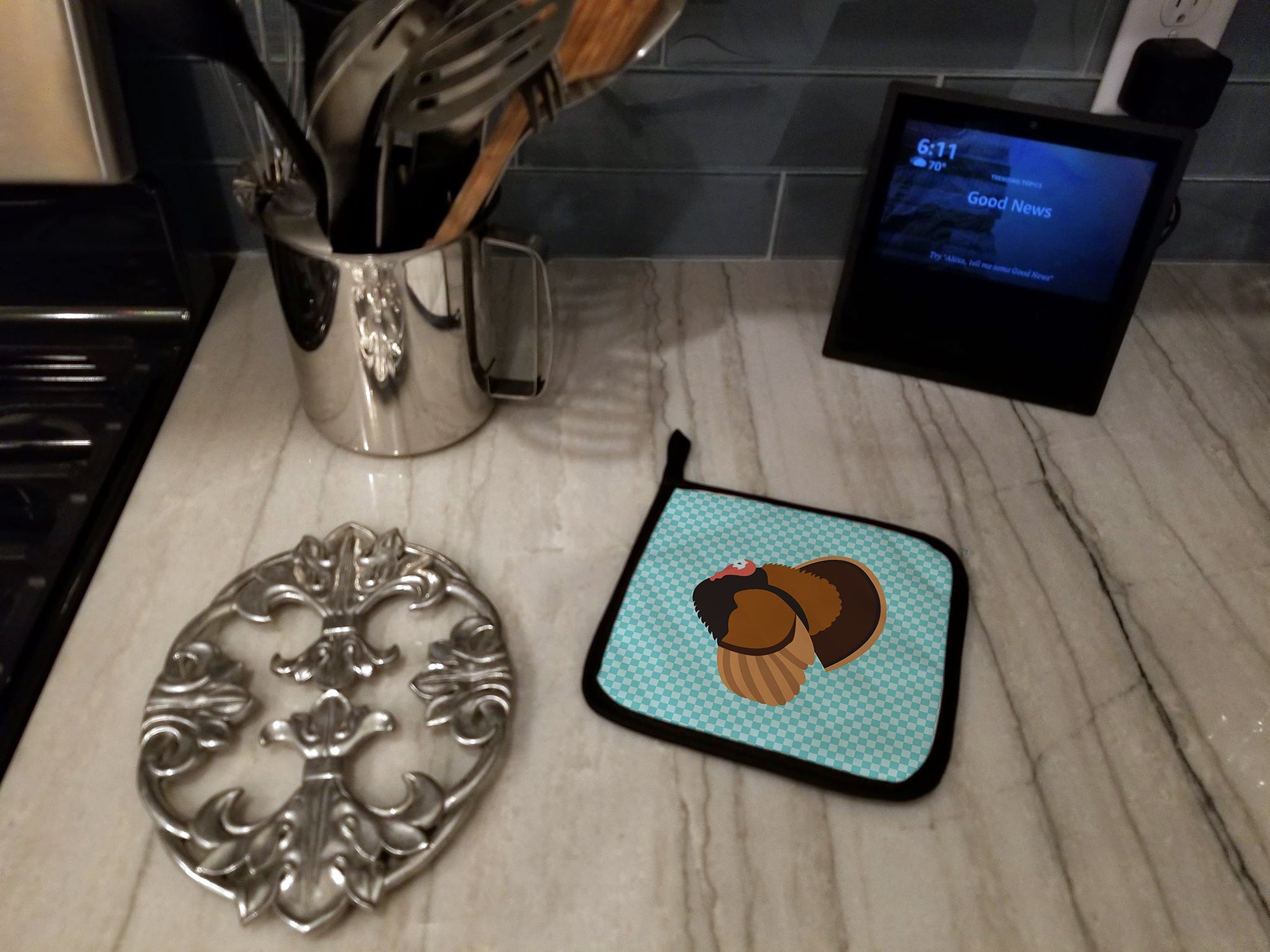 Bronze Turkey Blue Check Pot Holder Set of 2 Heat Resistant Quilted Hot Pads 7.5 x 7.5 Inch, Insulated Kitchen Trivets for Cooking & Baking
