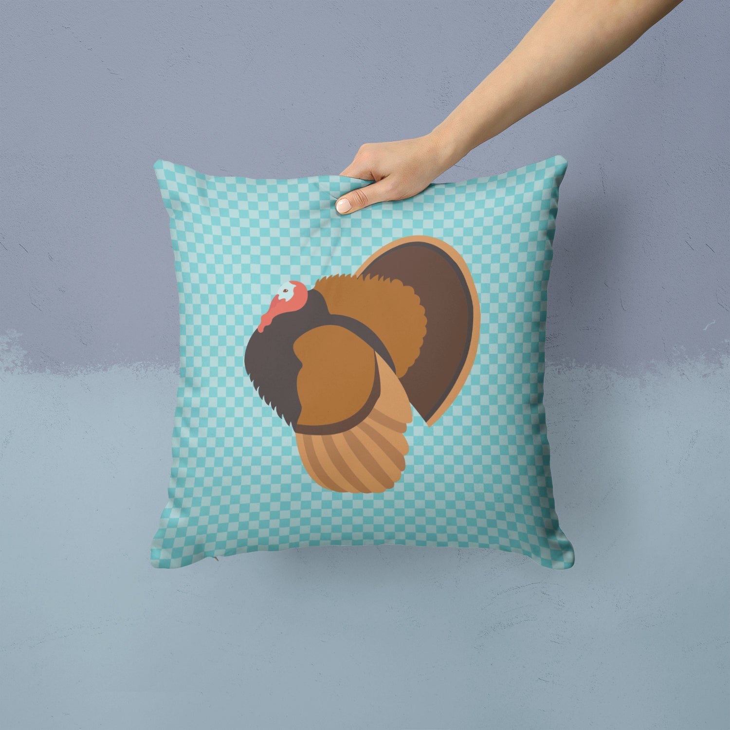 Bronze Turkey Blue Check Decorative Throw Pillow 14x14 Indoor Outdoor Accent Cushion, Fabric Cover with Insert for Sofa, Bed, Porch & Living Room