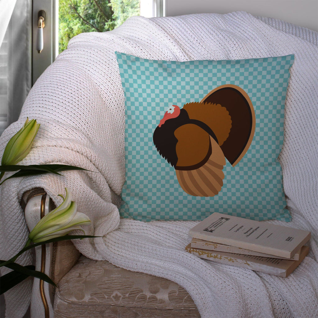 Bronze Turkey Blue Check Decorative Throw Pillow 14x14 Indoor Outdoor Accent Cushion, Fabric Cover with Insert for Sofa, Bed, Porch & Living Room