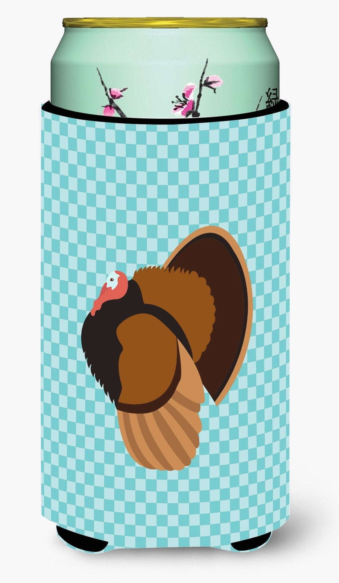 Bronze Turkey Blue Check Tall Boy Hugger Can Cooler Sleeve Machine Washable Drink Collapsible Insulator Beverage Insulated Holder