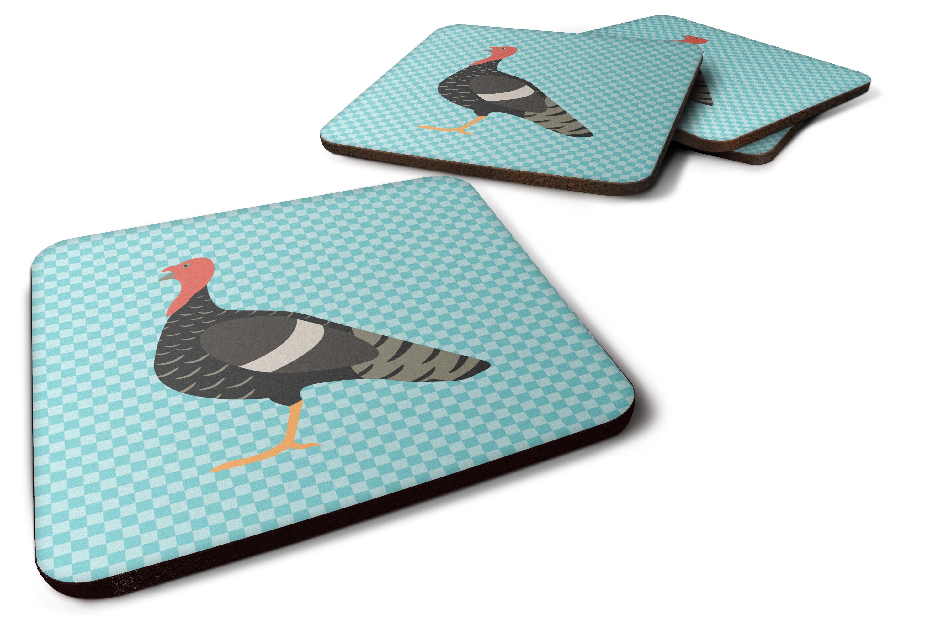Marragansett Turkey Blue Check Foam Coasters Set of 4 Cup Coasters for Indoor Outdoor, Tabletop Protection, Anti Slip, Mouse pad Material