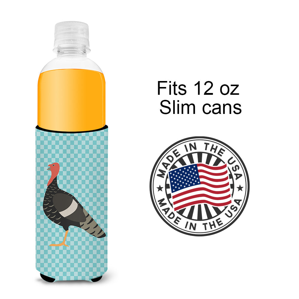 Marragansett Turkey Blue Check Slim Can Hugger , Insulated Foam Hugger for 12 oz Slim Cans, Beer Bottles & Water Bottles, Printed in USA