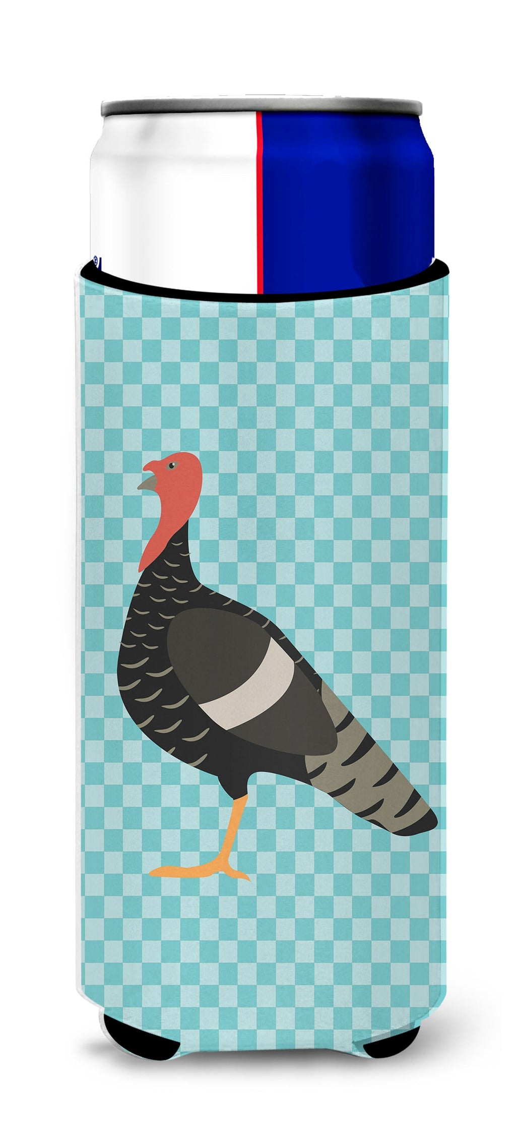 Marragansett Turkey Blue Check Slim Can Hugger , Insulated Foam Hugger for 12 oz Slim Cans, Beer Bottles & Water Bottles, Printed in USA