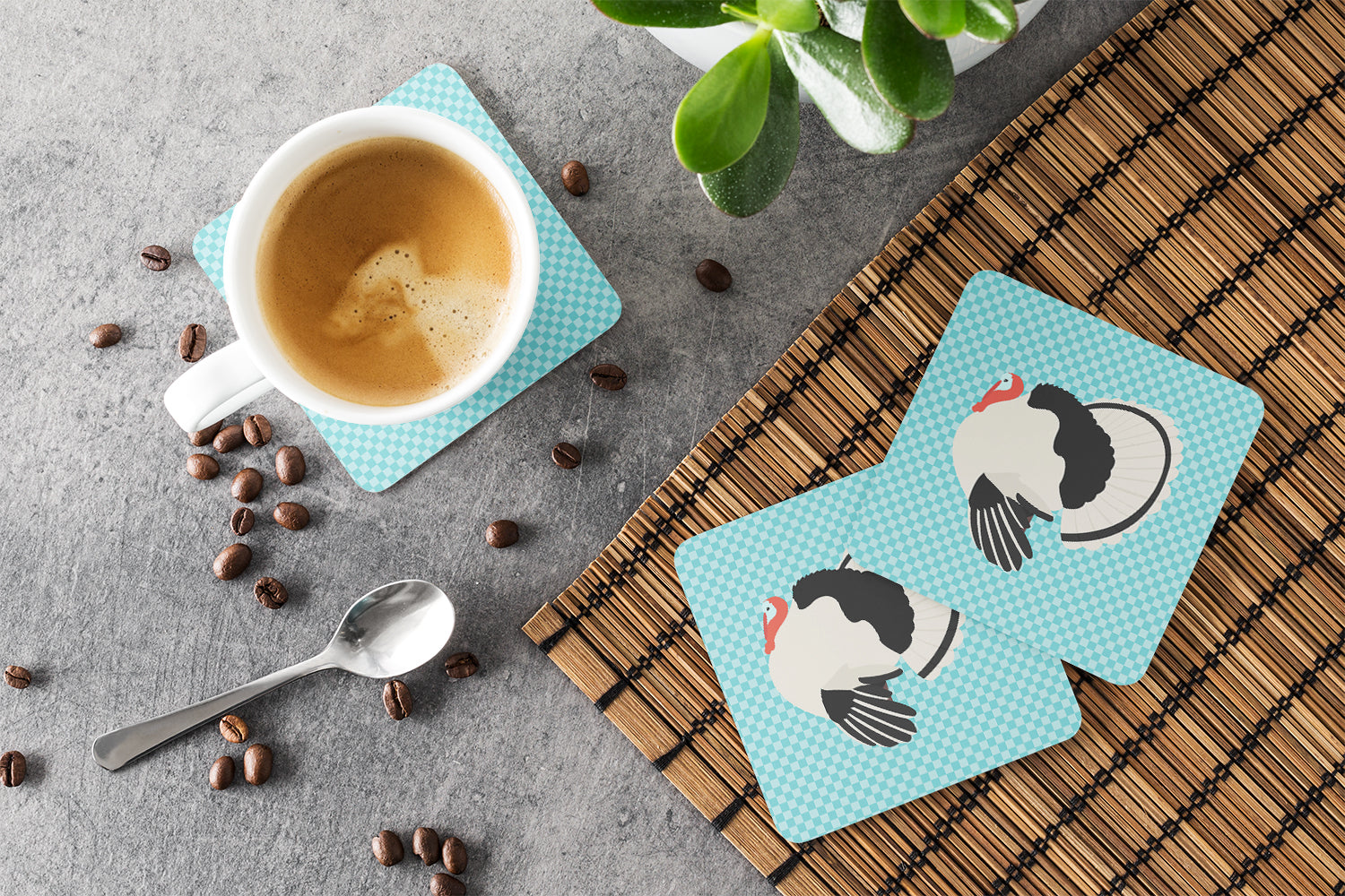 Royal Palm Turkey Blue Check Foam Coasters Set of 4 Cup Coasters for Indoor Outdoor, Tabletop Protection, Anti Slip, Mouse pad Material