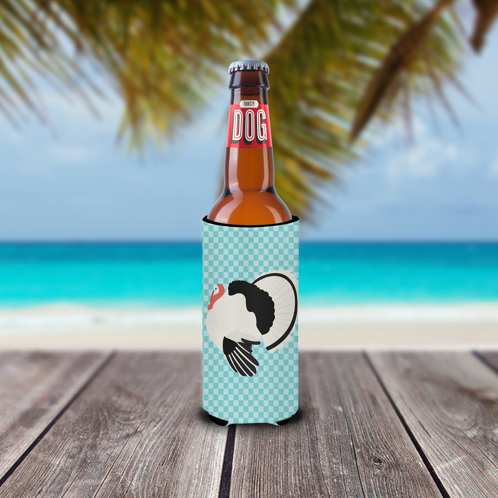 Royal Palm Turkey Blue Check Slim Can Hugger , Insulated Foam Hugger for 12 oz Slim Cans, Beer Bottles & Water Bottles, Printed in USA