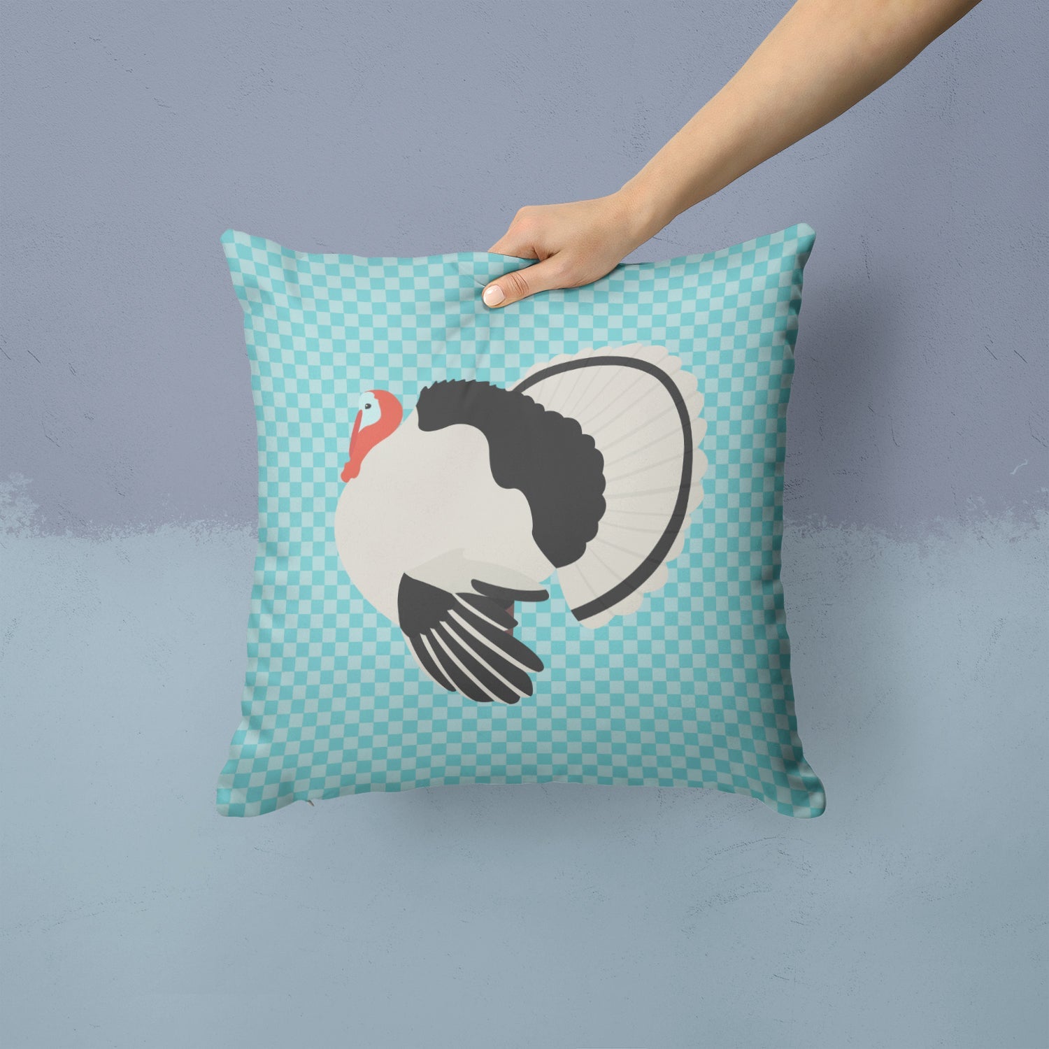 Royal Palm Turkey Blue Check Decorative Throw Pillow 14x14 Indoor Outdoor Accent Cushion, Fabric Cover with Insert for Sofa, Bed, Porch & Living Room