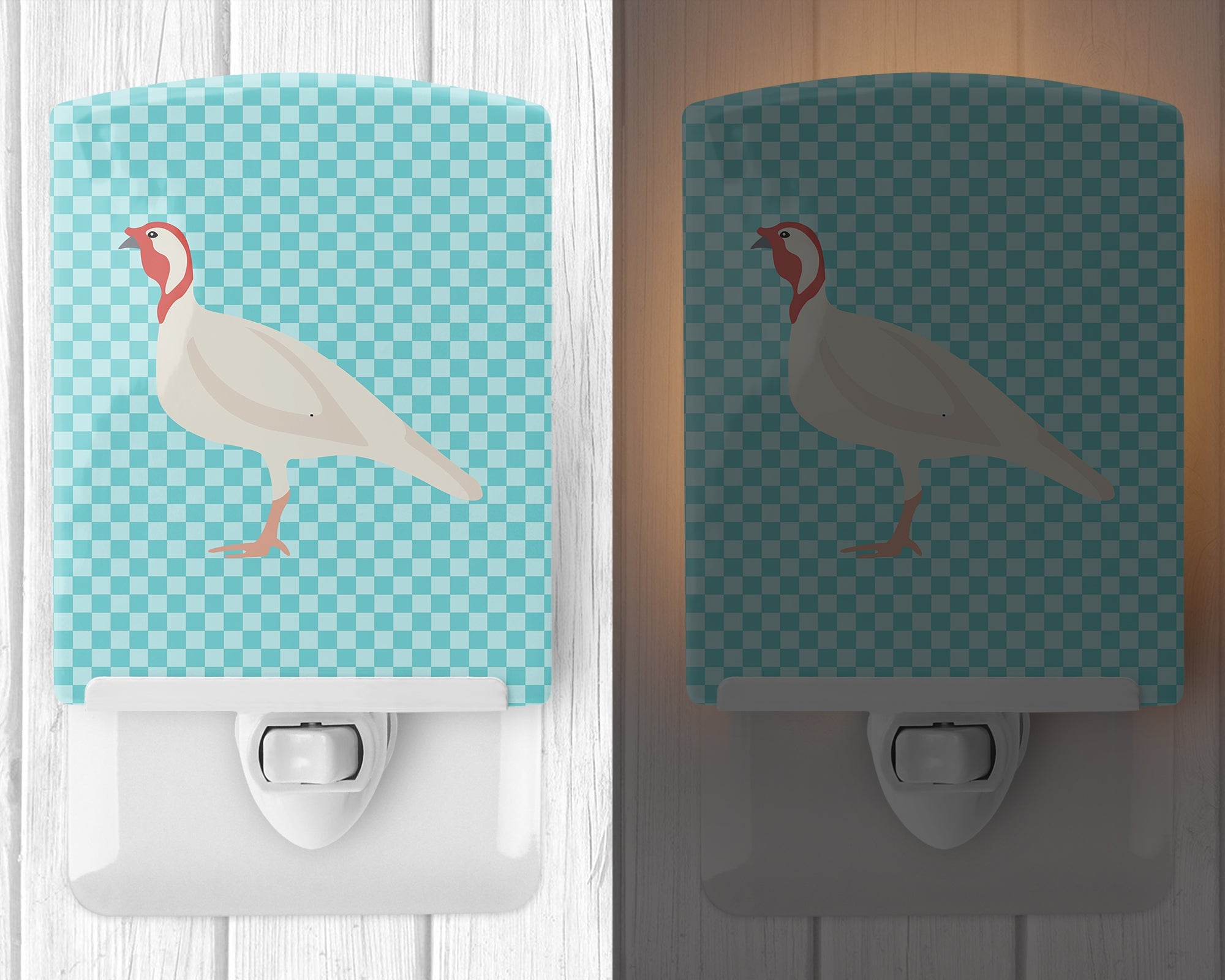 Beltsville Small White Turkey Hen Blue Check Ceramic Night Light Compact, UL-Certified, Ideal for Bedroom, Bathroom, Nursery, Hallway, Kitchen, 6x4x3, Multicolor