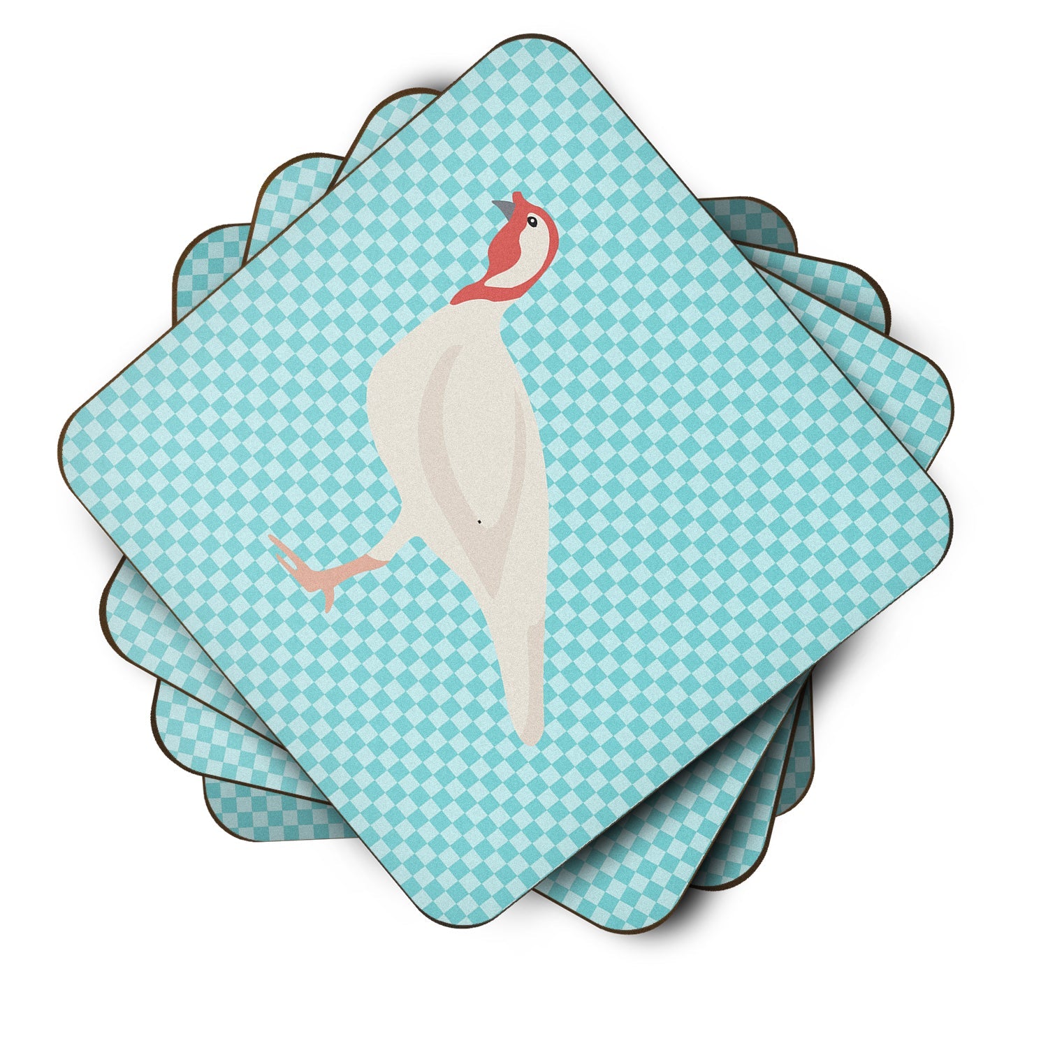 Beltsville Small White Turkey Hen Blue Check Foam Coasters Set of 4 Cup Coasters for Indoor Outdoor, Tabletop Protection, Anti Slip, Mouse pad Material