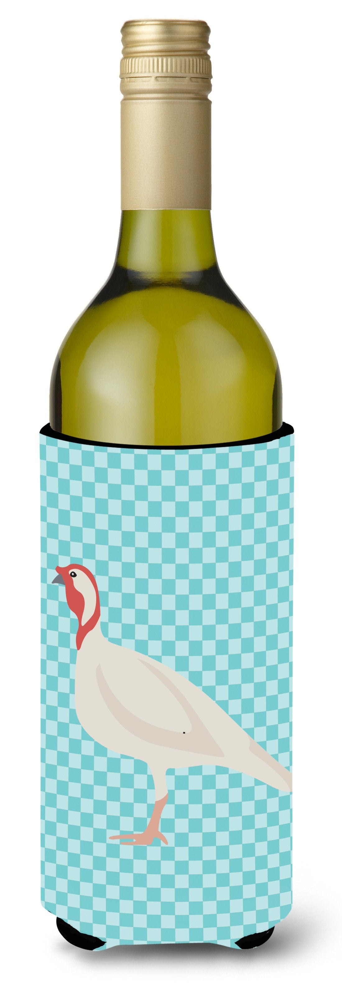 Beltsville Small White Turkey Hen Blue Check Wine Bottle Hugger Gift Sleeve for Standard 750 ml Bottles, Insulated Reusable Also Fits Mini Shot & Pint Bottles