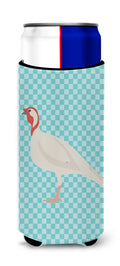 Beltsville Small White Turkey Hen Blue Check Slim Can Hugger , Insulated Foam Hugger for 12 oz Slim Cans, Beer Bottles & Water Bottles, Printed in USA