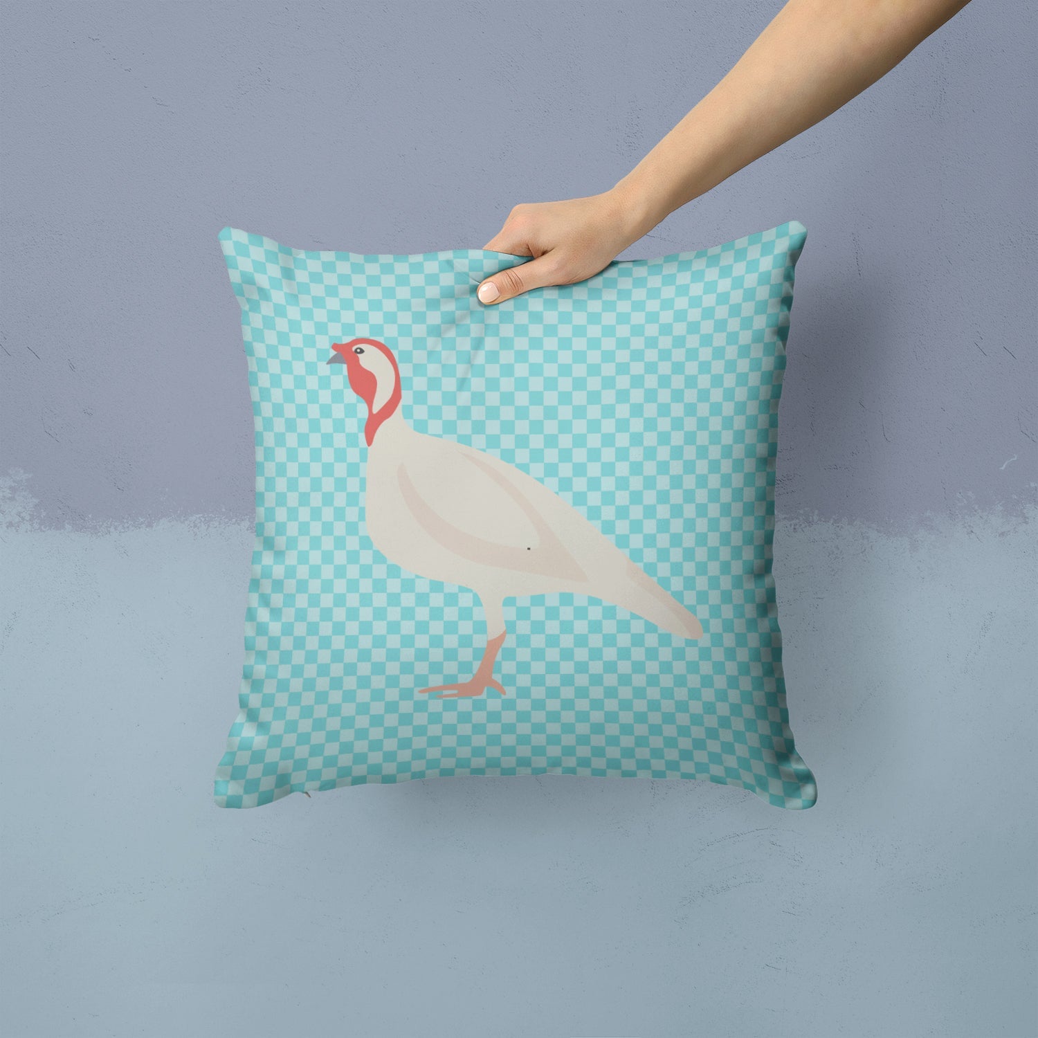 Beltsville Small White Turkey Hen Blue Check Decorative Throw Pillow 14x14 Indoor Outdoor Accent Cushion, Fabric Cover with Insert for Sofa, Bed, Porch & Living Room
